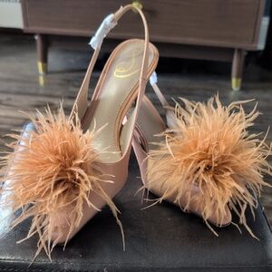 Tan Feather Pom Slingback Heels